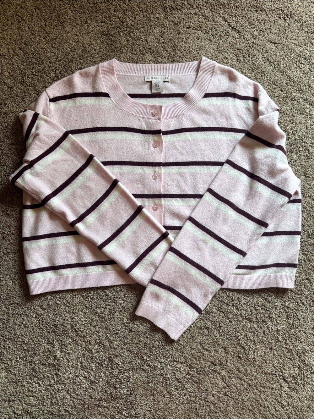 Light Pink Cropped Stripe Cardigan with Maroom and White Striped